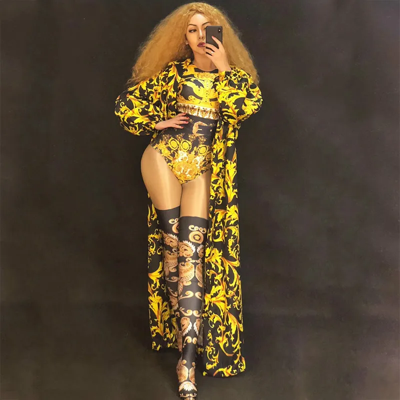 Women Sexy Stage Nightclub Party Gold Bodysuit Coat 3D Printing DJ Jumpsuit for Dancer Singer Stage Wear Show Time Bling Costume
Women Sexy Stage Nightclub Party Gold Bodysuit Coat 3D Printing DJ Jumpsuit for Dancer Singer Stage Wear Show Time Bling Costume
