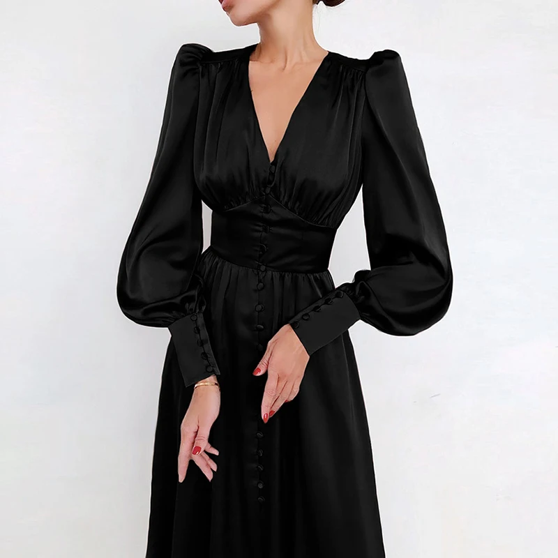 Single Breasted Lantern Sleeve Sexy Dress High Waist Satin Long Dress Elegant V-neck Evening Dress Women Midi Skirt
Single Breasted Lantern Sleeve Sexy Dress High Waist Satin Long Dress Elegant V-neck Evening Dress Women Midi Skirt