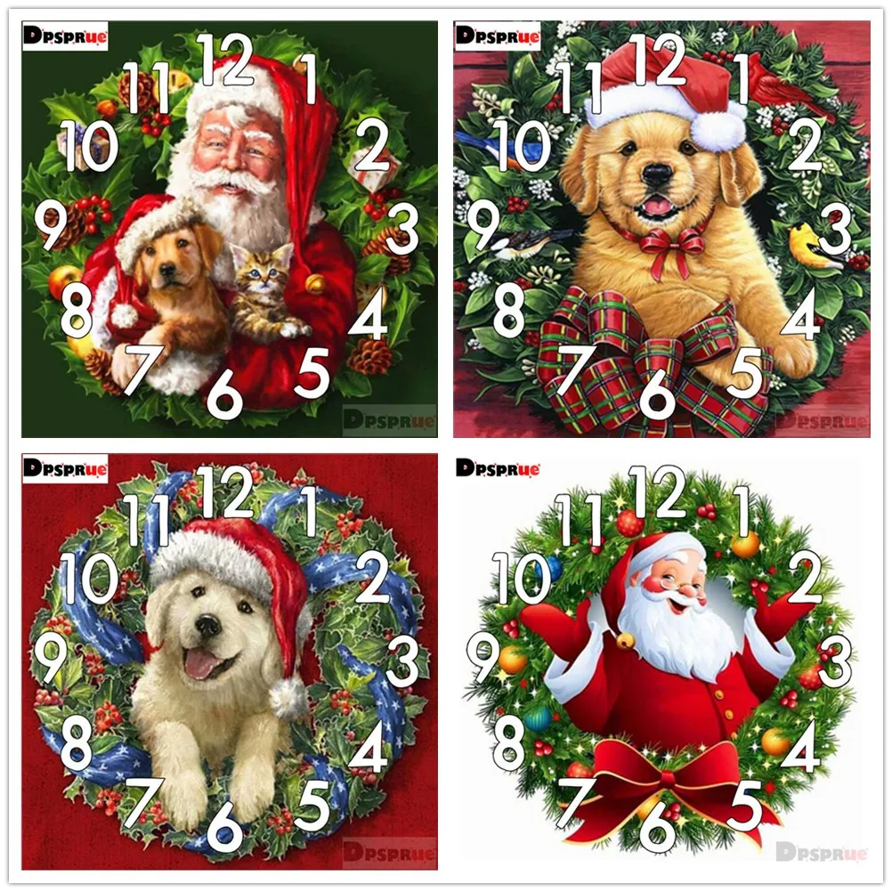 

Dpsprue Diamond Painting Cross Stitch Kit Christmas Dog Gifts Clock Mechanism Mosaic 5D Diy Square Round 3d Embroidery Gift