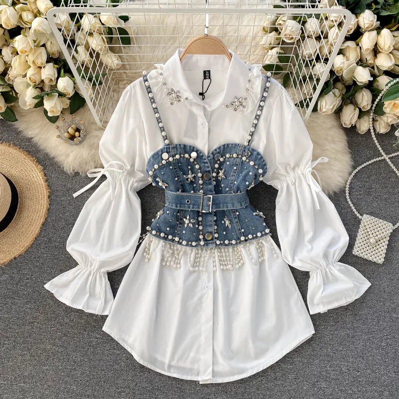 Chic Women Suits Fashion Diamond-studded Beaded Long Sleeve White Elegant Shirt Blouse + Tassel Pearl Denim Vest Two Piece Set
Chic Women Suits Fashion Diamond-studded Beaded Long Sleeve White Elegant Shirt Blouse + Tassel Pearl Denim Vest Two Piece Set