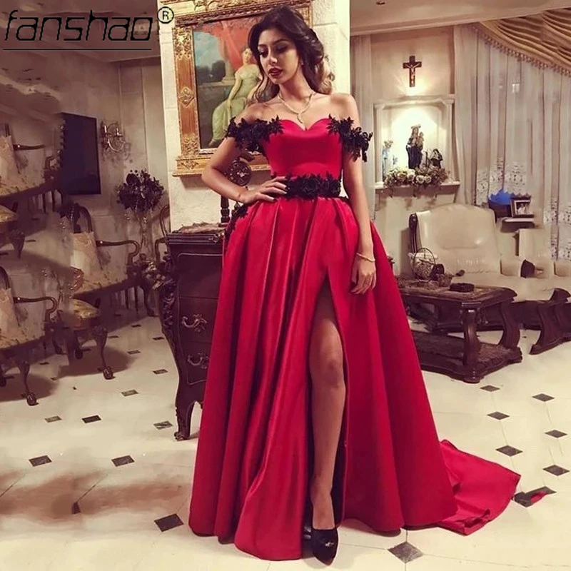 Fanshao Evening Dresses Burgundy Off The Shoulder Vestido Black Flore Appliques High Slit Robe De Soiree Formal Gowns Satin
Fanshao Evening Dresses Burgundy Off The Shoulder Vestido Black Flore Appliques High Slit Robe De Soiree Formal Gowns Satin