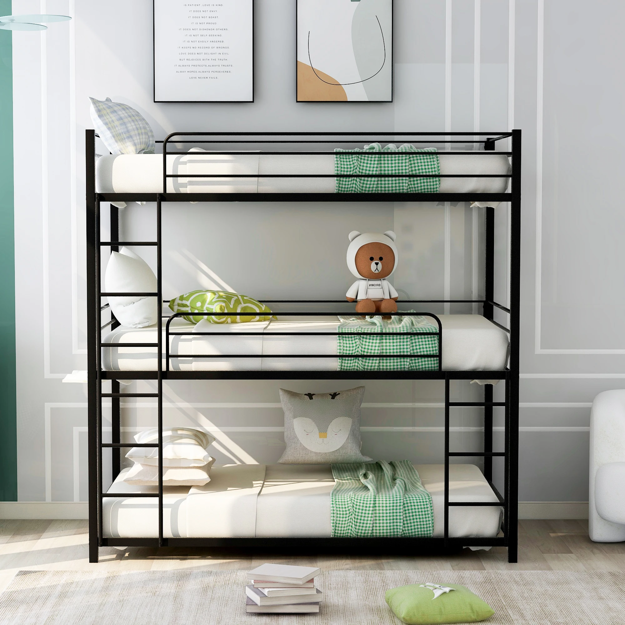 Metal Twin Size Triple Bunk Bed, Black,Suitable for boys, girls, adults, comfortable
Metal Twin Size Triple Bunk Bed, Black,Suitable for boys, girls, adults, comfortable