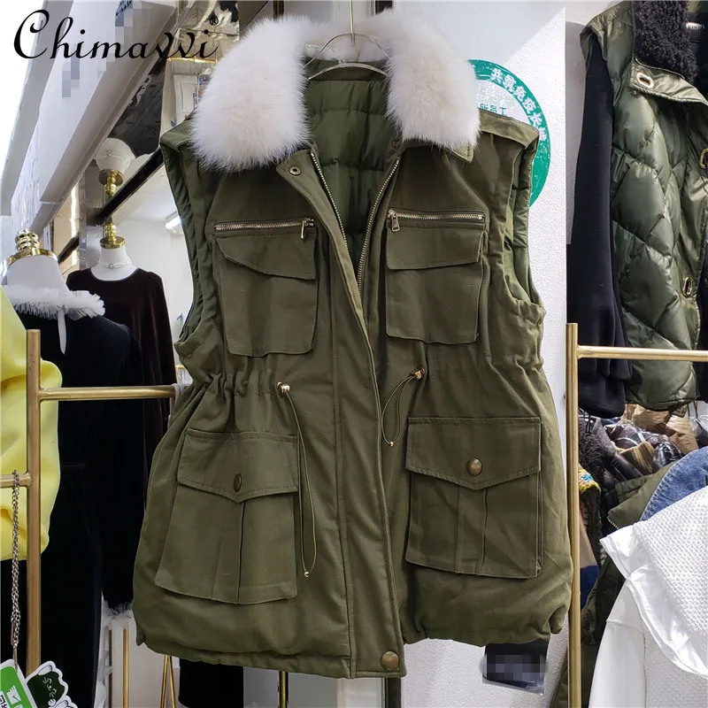 European Style 2021 Winter Fashion Stitching Down Jacket Sleeveless Workwear Fur Collar Jacket White Duck Down Vest Coat Women
European Style 2021 Winter Fashion Stitching Down Jacket Sleeveless Workwear Fur Collar Jacket White Duck Down Vest Coat Women