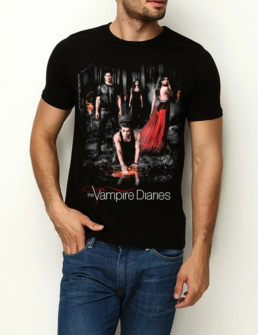 The Vampire Diaries Unisex T-Shirt Damon Stefan Elena.. New Mens Spring Summer Dress Short Sleeve Casual |