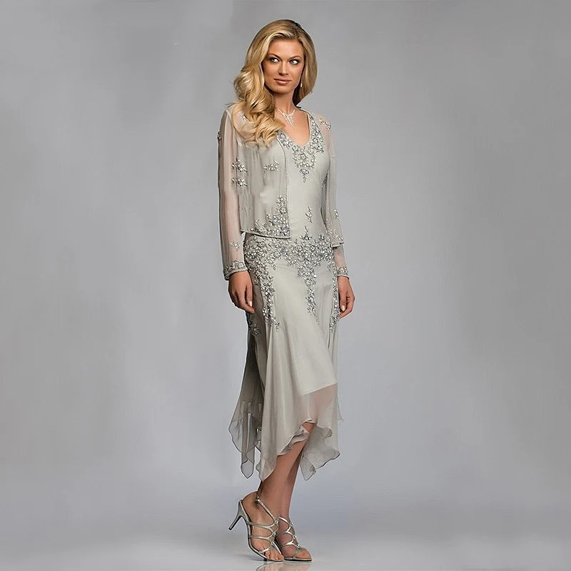 Silver Chiffon Mother of the Bride Groom Dresses with Jackets 2021 for Summer Wedding Party Gowns Tea Length Lace Godmother Gown
Silver Chiffon Mother of the Bride Groom Dresses with Jackets 2021 for Summer Wedding Party Gowns Tea Length Lace Godmother Gown