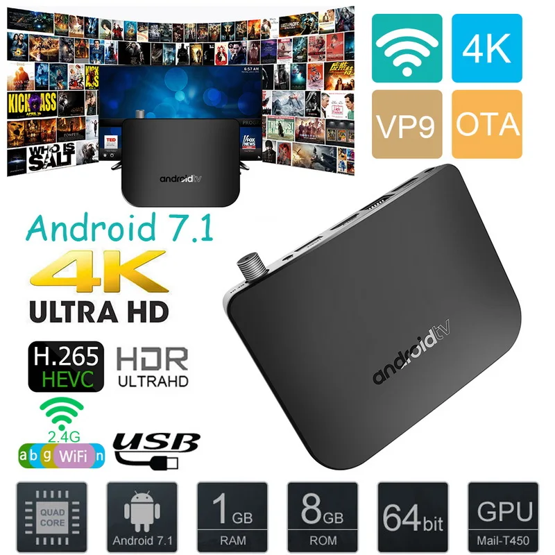 DVB S S2 Android 7 1 ТВ приставка ГБ ОЗУ 8 ПЗУ Amlogic S905D Восьмиядерный 100 м Смарт 4K H.265 2 4G WiFi