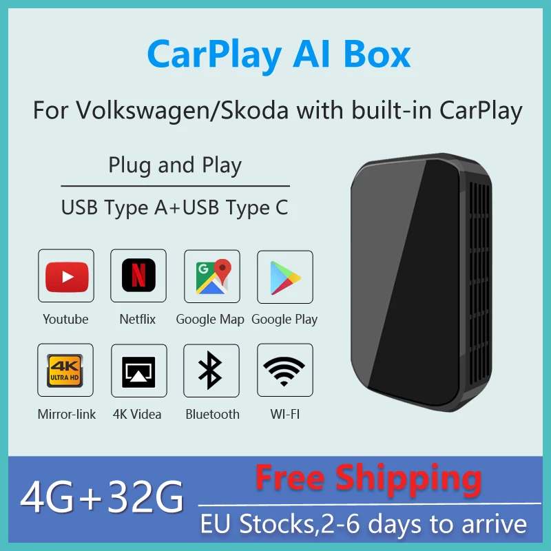 Беспроводной CarPlay Ai Box поддерживает YouTube Netflix видео GPS навигация, для Volkswagen Polo Golf Passat Touran Skoda с CarPlay 
Беспроводной CarPlay Ai Box поддерживает YouTube Netflix видео GPS навигация, для Volkswagen Polo Golf Passat Touran Skoda с CarPlay