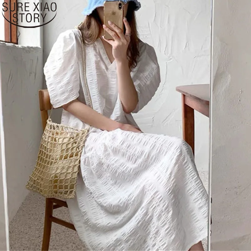2022 Summer Dress Korean Women Solid Cotton V-Neck Long Dress Women Casual Bubble Sleeve Loose High Waist Dresses Vestido 14482 
2022 Summer Dress Korean Women Solid Cotton V-Neck Long Dress Women Casual Bubble Sleeve Loose High Waist Dresses Vestido 14482