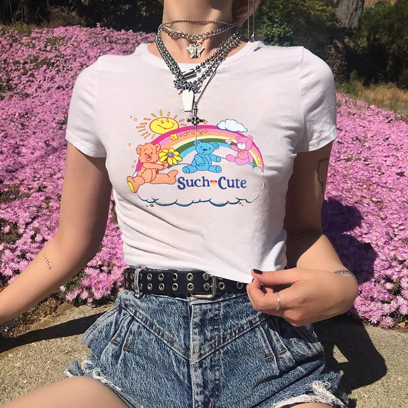 Round Neck Women T-Shirt Short Sleeved Ladies Cubs Rainbow Print Cotton Navel Exposed Crop Tops High Street Casual Summer 2021
Round Neck Women T-Shirt Short Sleeved Ladies Cubs Rainbow Print Cotton Navel Exposed Crop Tops High Street Casual Summer 2021