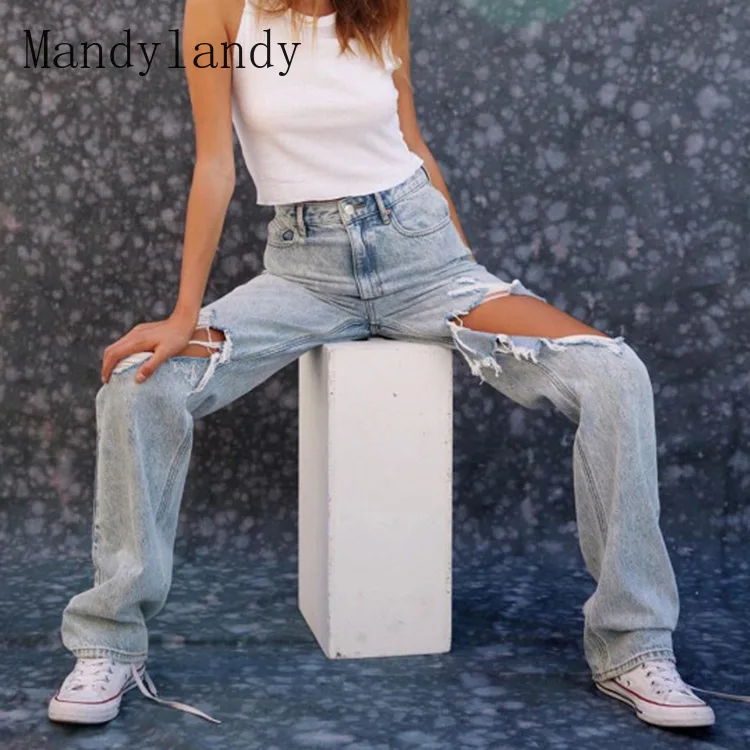 Mandylandy Jeans Autumn Fashion Mid Waist Loose Denim Straight-Leg Pants Women's Casual Solid Color Ripped Button Jeans 
Mandylandy Jeans Autumn Fashion Mid Waist Loose Denim Straight-Leg Pants Women's Casual Solid Color Ripped Button Jeans