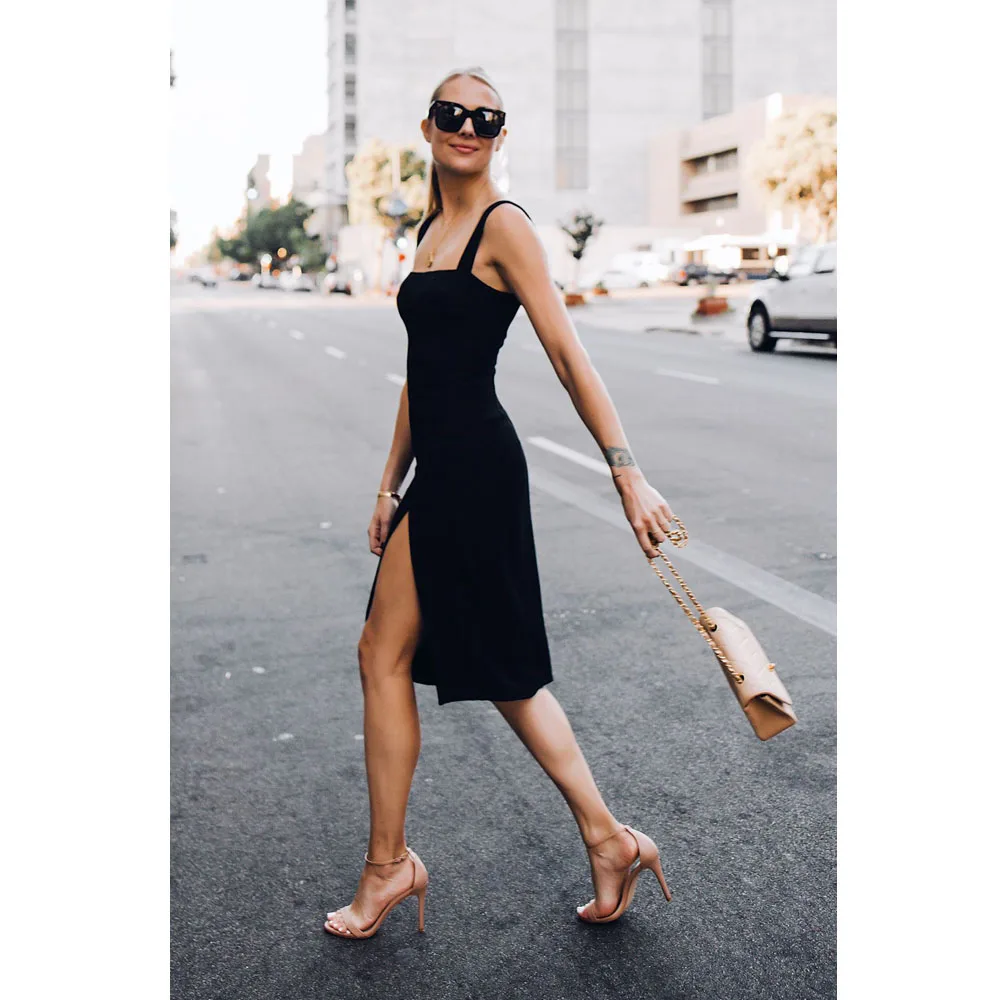 Summer New Casual Commuter Women's Black Sling and Knee Slimming Fork Dress
