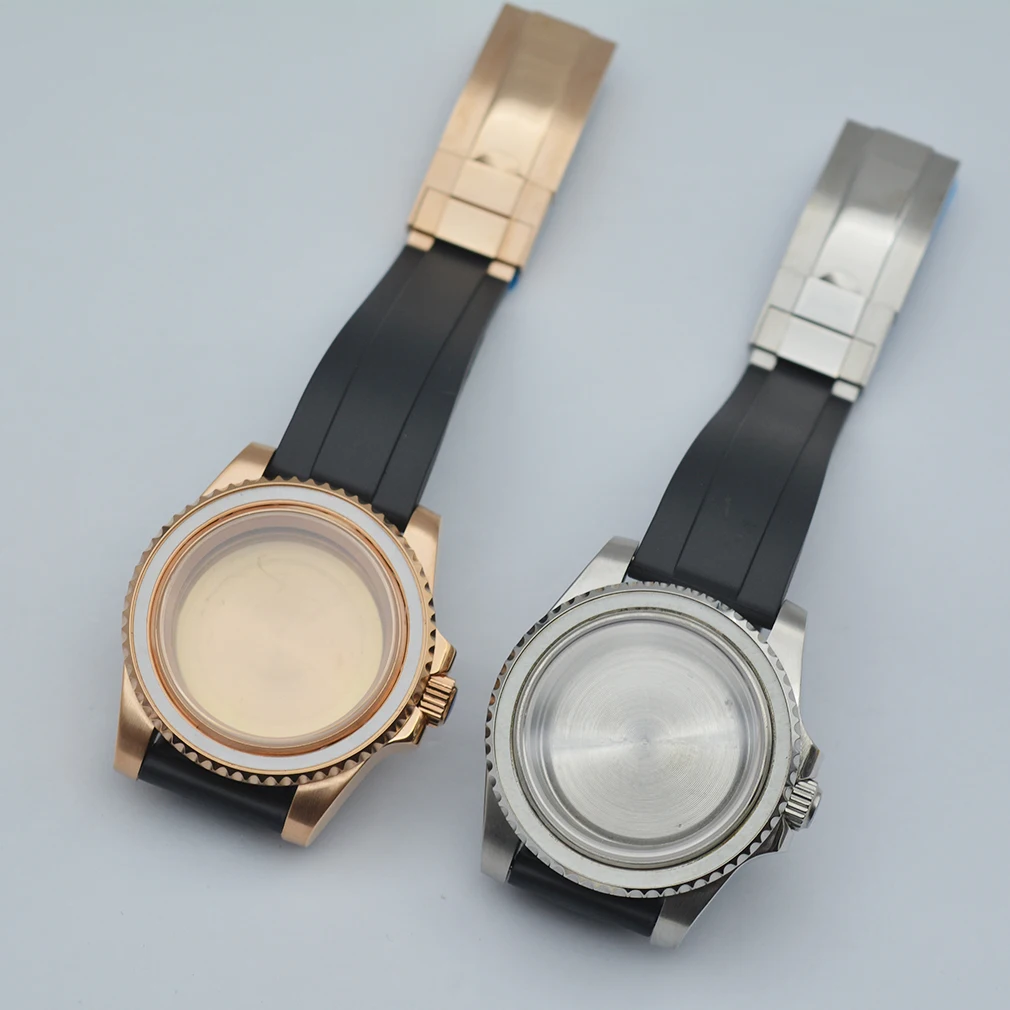 

40mm silver rose gold case sapphire glass rubber strap fit NH35 NH36 ETA2836 Mingzhu DG2813 3804 Miyota8215 8205 821A