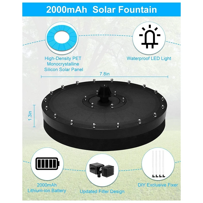 3.5W Solar Fountain Pump for Bird Bath,with LED Light,Water Fountain for Pool, Fish Tank, and Pond Garden Decoration
3.5W Solar Fountain Pump for Bird Bath,with LED Light,Water Fountain for Pool, Fish Tank, and Pond Garden Decoration