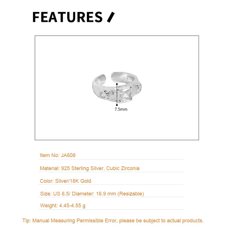 F.I.N.S Irregular Surface Square Zircon S925 Sterling Silver Open Ring Texture CZ Wedding Fine Finger Rings for Women Men Gifts
F.I.N.S Irregular Surface Square Zircon S925 Sterling Silver Open Ring Texture CZ Wedding Fine Finger Rings for Women Men Gifts