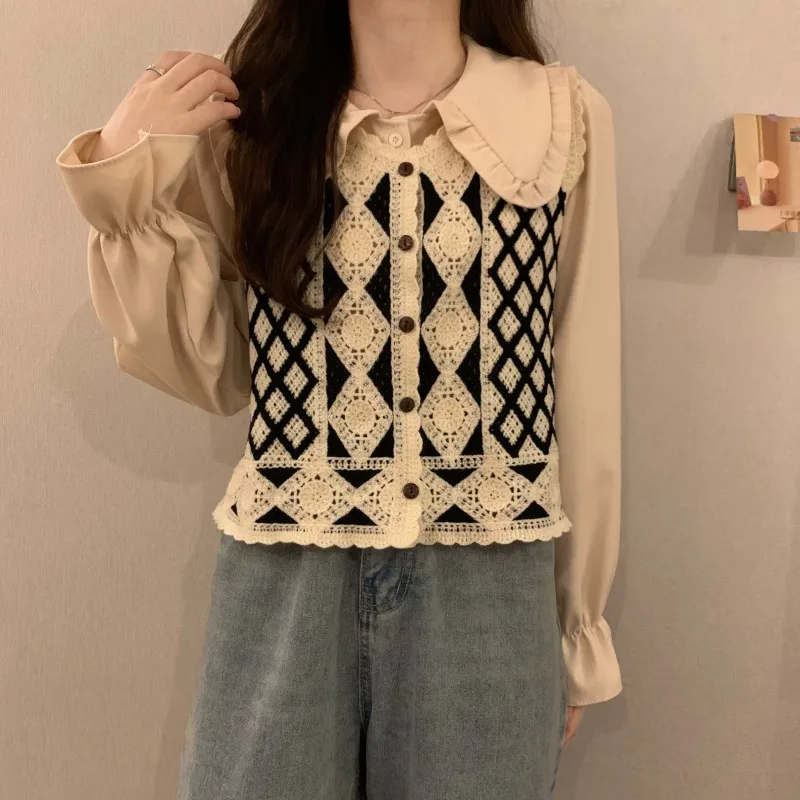 Women's 2021 New Korean Doll Collar Long Sleeve Shirt Wild Crochet Vest Jacket Set
Women's 2021 New Korean Doll Collar Long Sleeve Shirt Wild Crochet Vest Jacket Set