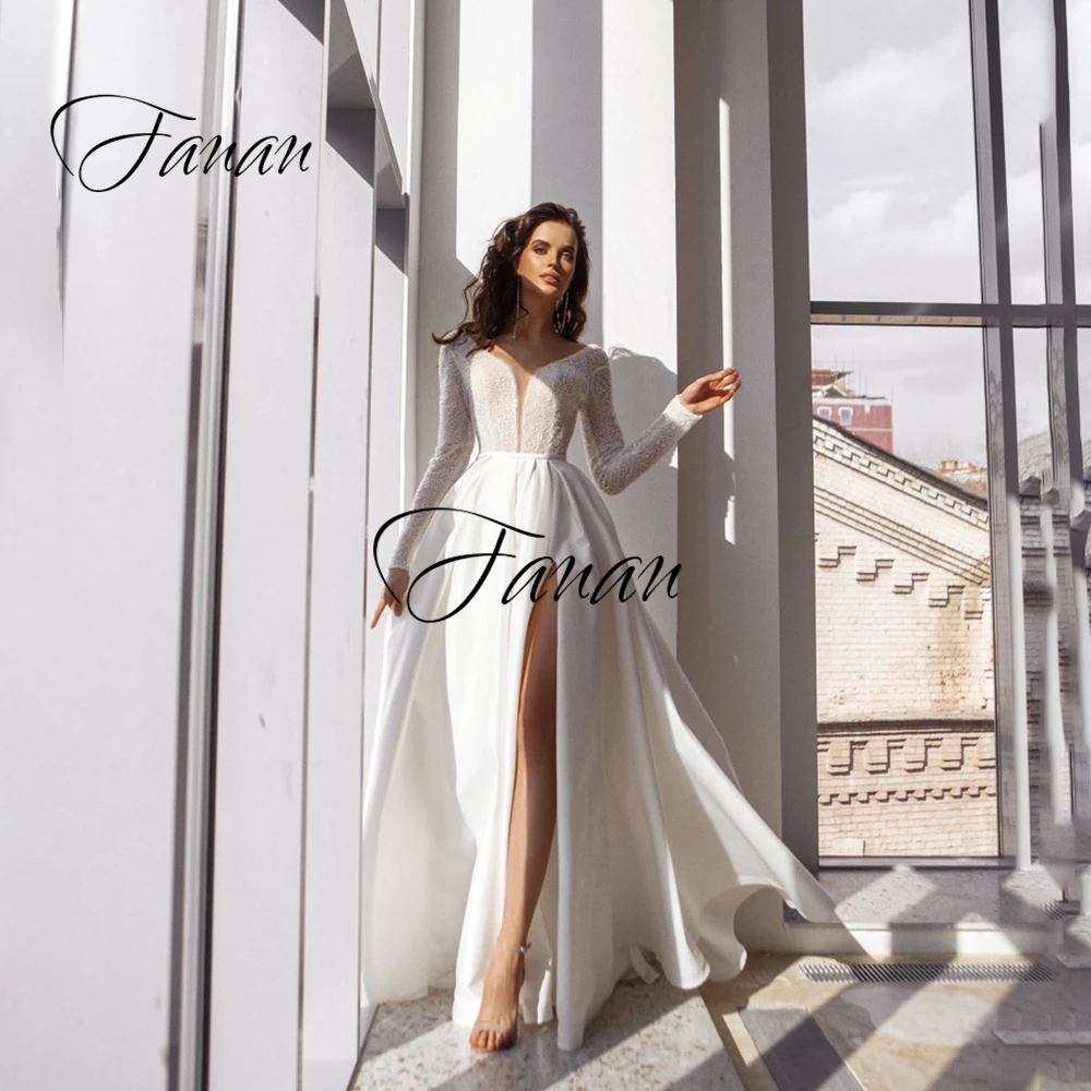 Glittery V-Neck Long Sleeve Wedding Dresses Backless Front High Split A-Line Satin Bridal Gown robe de soirée de mariage платье
Glittery V-Neck Long Sleeve Wedding Dresses Backless Front High Split A-Line Satin Bridal Gown robe de soirée de mariage платье