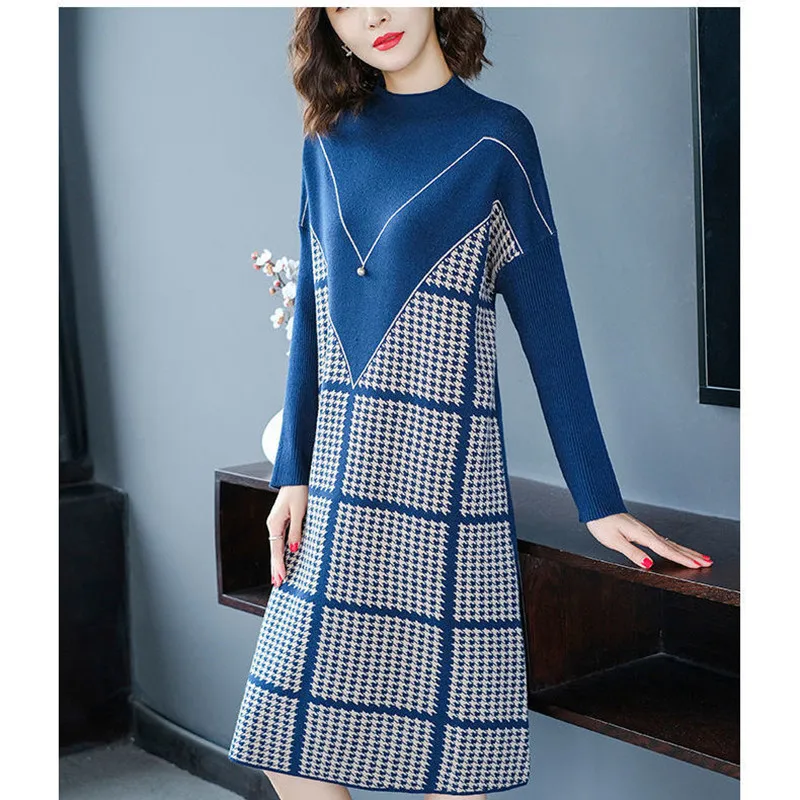 Oversize Loose Bird Lattice Women Knitting Dress Half High Collar Pullover Sweater Fashion Slim Patchwork Female Bottom Clothes
Oversize Loose Bird Lattice Women Knitting Dress Half High Collar Pullover Sweater Fashion Slim Patchwork Female Bottom Clothes