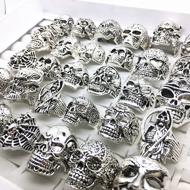

MIXMAX 30pcs skeleton skull ring set sliver alloy mixed styles men's unisex plating retro punk jewelry brand wholesale bulk lots