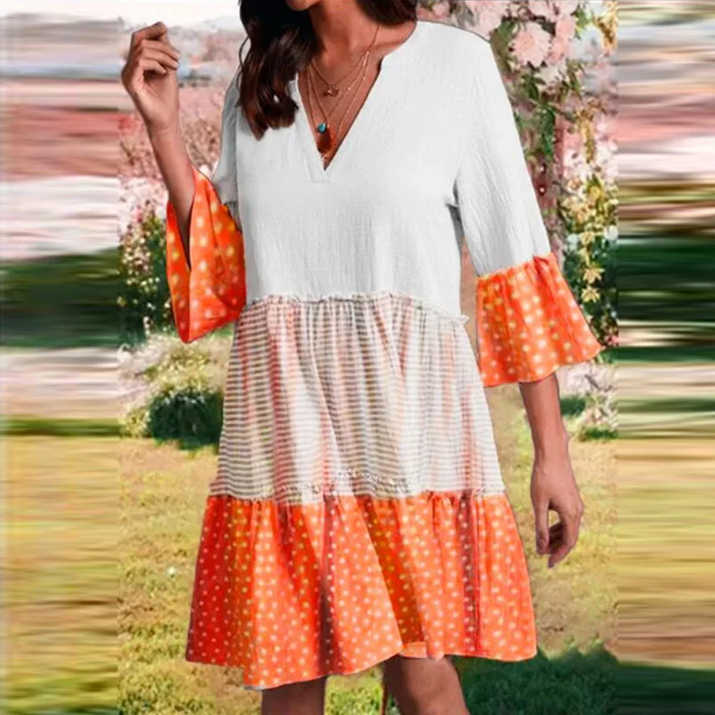 2021 Casual Women Ruffle Pleated Loose Dress Spring Flare Sleeve V-Neck Party Dress Autumn Patchwork Polka Dot Print Mini Dress
2021 Casual Women Ruffle Pleated Loose Dress Spring Flare Sleeve V-Neck Party Dress Autumn Patchwork Polka Dot Print Mini Dress