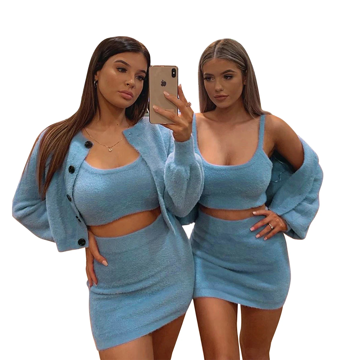 Women Casual Fleece 3 Pcs Sets Spaghetti Straps Tank Crop Top + Pencil Mini Skirt + Long Sleeve Buttons Up Cardigan Jacket
Women Casual Fleece 3 Pcs Sets Spaghetti Straps Tank Crop Top + Pencil Mini Skirt + Long Sleeve Buttons Up Cardigan Jacket