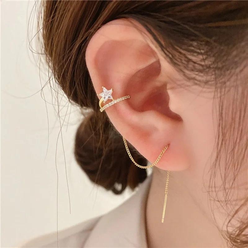 Korean Fashion Exquisite Zircon Inlaid Gold Plated Chain Tassel Earring for Women Girls French Style Elegant Ear Bone Clip
Korean Fashion Exquisite Zircon Inlaid Gold Plated Chain Tassel Earring for Women Girls French Style Elegant Ear Bone Clip