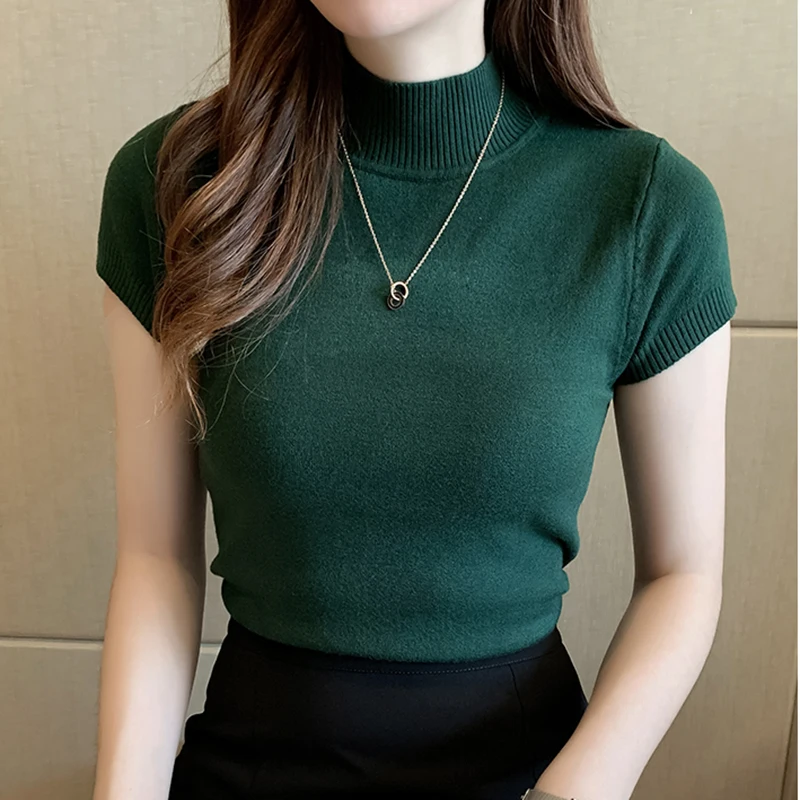 Fashion Knitt Short-sleeved T-shirt Women 2021 New Half Turtleneck Stretch Knitted Tshirt Solid Casual Spring Summer Female Tops
Fashion Knitt Short-sleeved T-shirt Women 2021 New Half Turtleneck Stretch Knitted Tshirt Solid Casual Spring Summer Female Tops