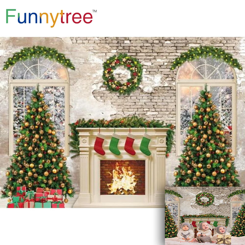 

Funnytree Christmas Party Winter New Year Backdrop Trees Gifts Wreath Brick Wall Window Fireplace Socks Photocall Background