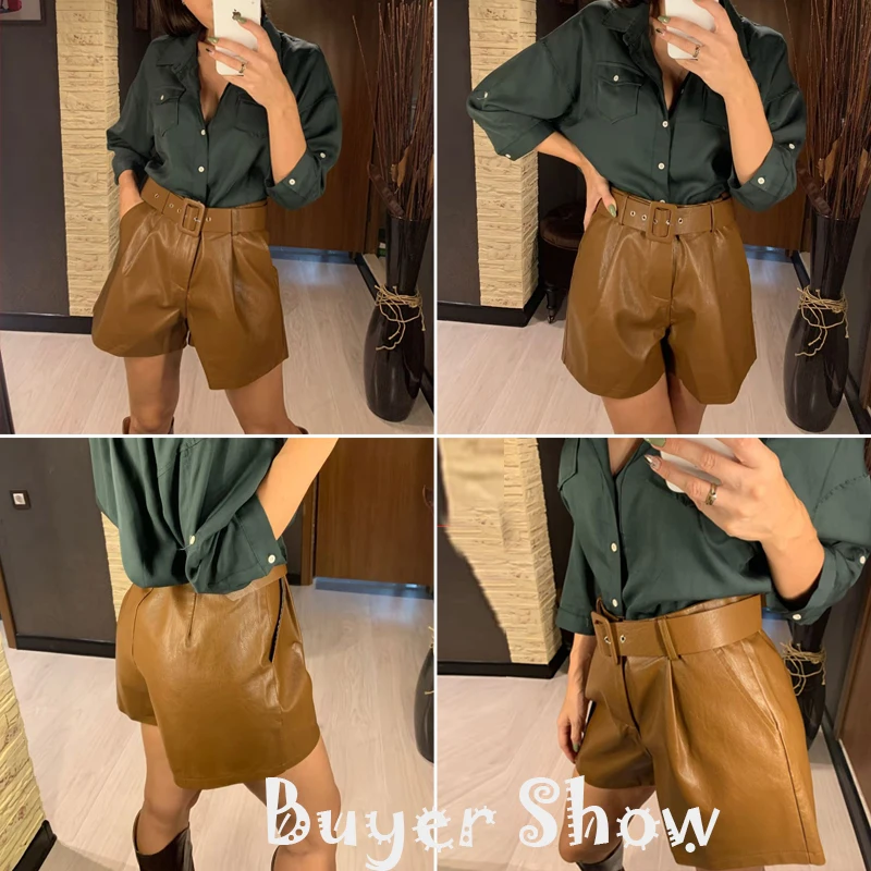 2021 New PU Leather Shorts Women Shorts All-match Sashes Wide Leg Short Ladies Sexy Leather Shorts Autumn Winter