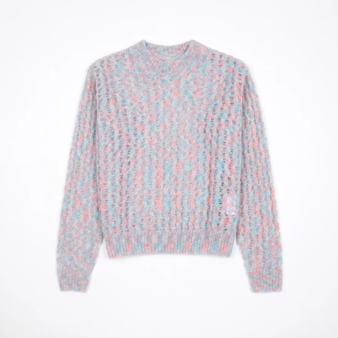 

Женский мохеровый свитер с круглым вырезом, разноцветный ажурный джемпер с длинным рукавом, Повседневный пуловер для ранней осени, 2021