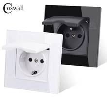 Coswall Glass Panel Wall Socket Grounded With Waterproof Lid Cover EU Russia Spain France Outlet With Children Protective Lock