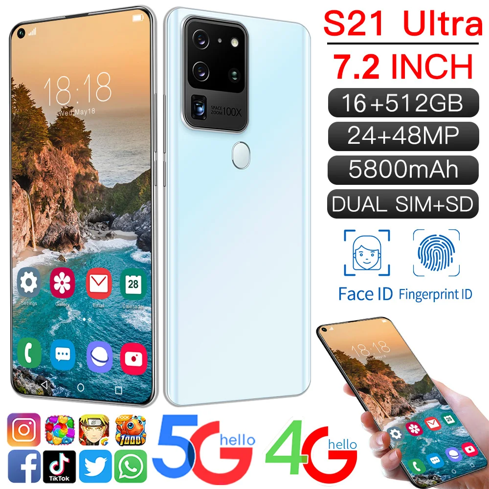 Global Version S21 Ultra 7.2 Inch Camera Mobile Phone 16GB 512GB Android 10.0 5G Cellphones Dual SIM Unlocked Face ID In Stock 
Global Version S21 Ultra 7.2 Inch Camera Mobile Phone 16GB 512GB Android 10.0 5G Cellphones Dual SIM Unlocked Face ID In Stock