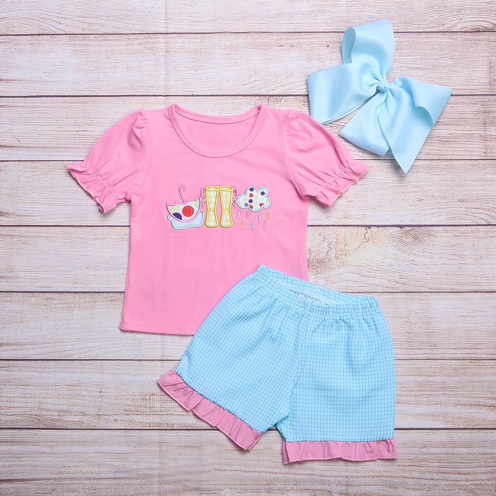 Summer Girls Clothes Pink Short Sleeve Top And Blue Plaid Shorts Umbrella Rain Boots Embroidered Pattern Toddler Girl Outfits
Summer Girls Clothes Pink Short Sleeve Top And Blue Plaid Shorts Umbrella Rain Boots Embroidered Pattern Toddler Girl Outfits