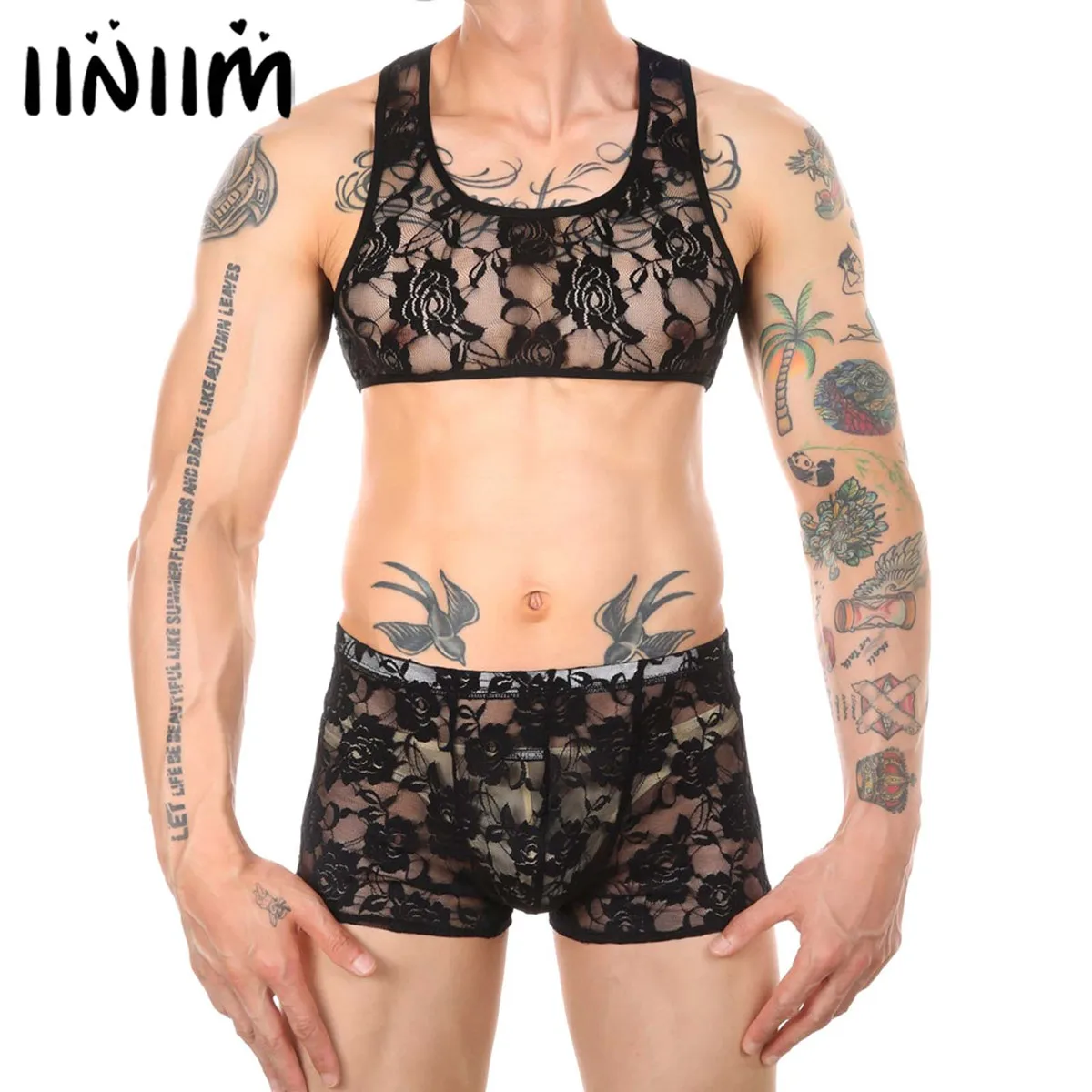 

Sissy Men Exotic Set Flower Pattern See-Through Lace Lingerie Nightwear Sleeveless Cropped Tank Top with Elastic Shorts Boxer