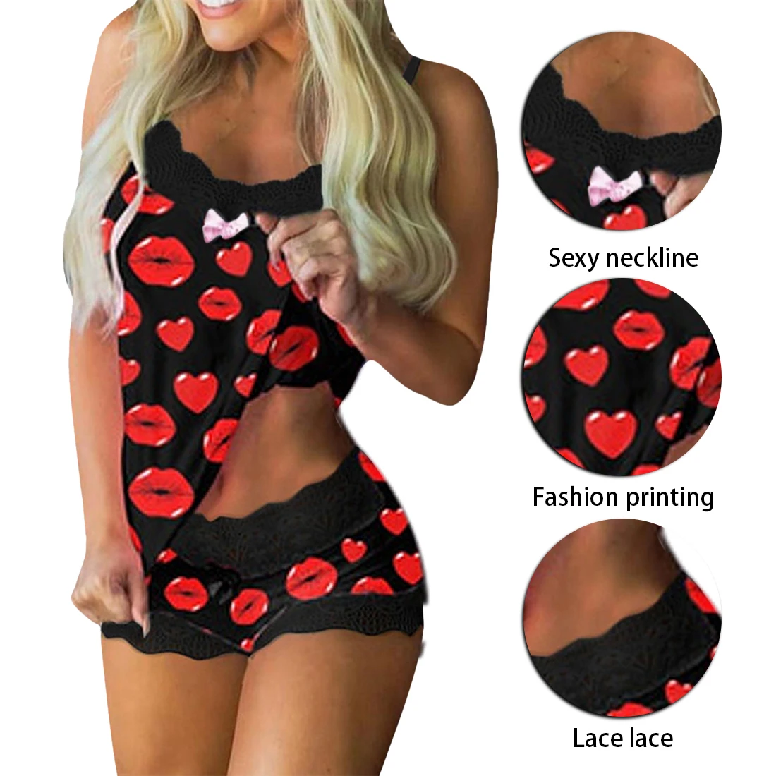 KANCOOL Lips Print Sleepwear Women Satin Sexy Lace Pajamas Set Elegant Sleeveless Top and Shorts Night Suit Set Home Wear 2021
KANCOOL Lips Print Sleepwear Women Satin Sexy Lace Pajamas Set Elegant Sleeveless Top and Shorts Night Suit Set Home Wear 2021