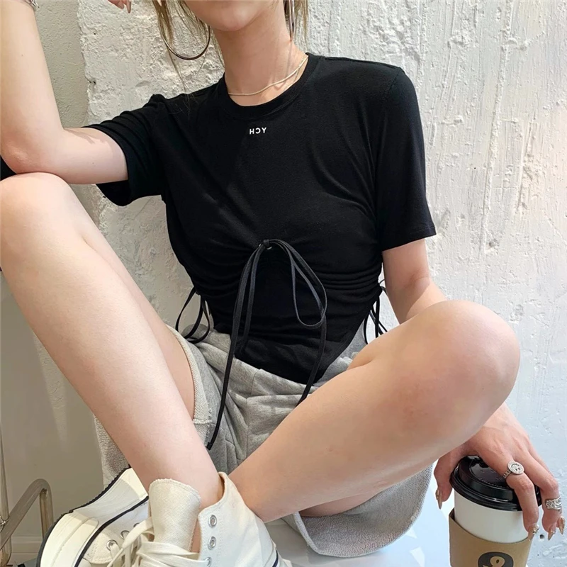 2021 summer new style cotton letter printing short-sleeved T-shirt women's fashion drawstring irregular solid color sexy topbing
2021 summer new style cotton letter printing short-sleeved T-shirt women's fashion drawstring irregular solid color sexy topbing