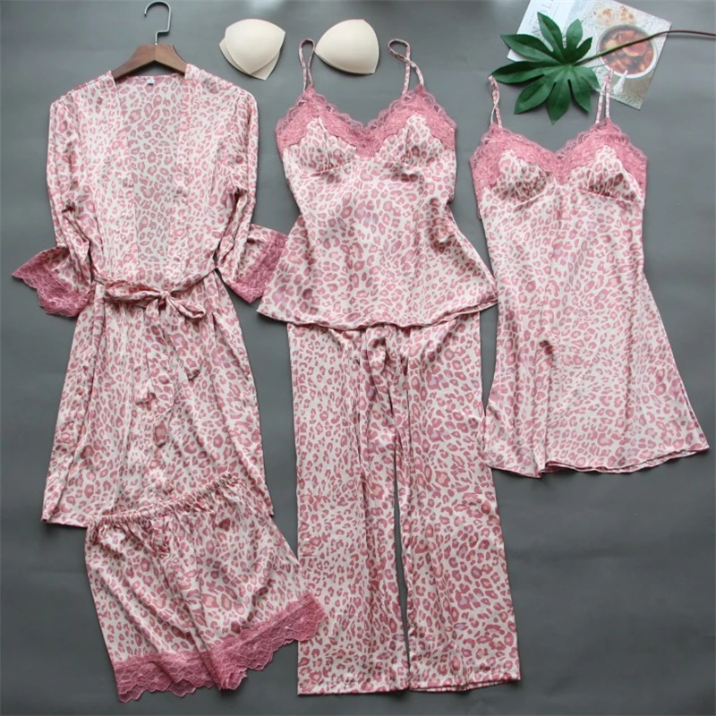 Women Sexy Pink Leopard Print Lace Robe Pajamas Sleepwear Nightwear Homewear 5Pieces Spring Autumn Pajamas Sets
Women Sexy Pink Leopard Print Lace Robe Pajamas Sleepwear Nightwear Homewear 5Pieces Spring Autumn Pajamas Sets