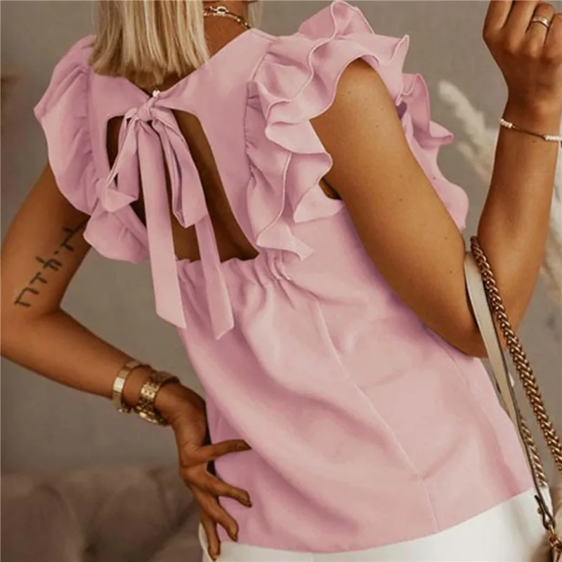 Ruffles Short Sleeve Backless Lace Up Women Blouse Solid O-neck Pleated Elegant Loose Ladies Blouses 2021 New Summer Casual Tops
Ruffles Short Sleeve Backless Lace Up Women Blouse Solid O-neck Pleated Elegant Loose Ladies Blouses 2021 New Summer Casual Tops