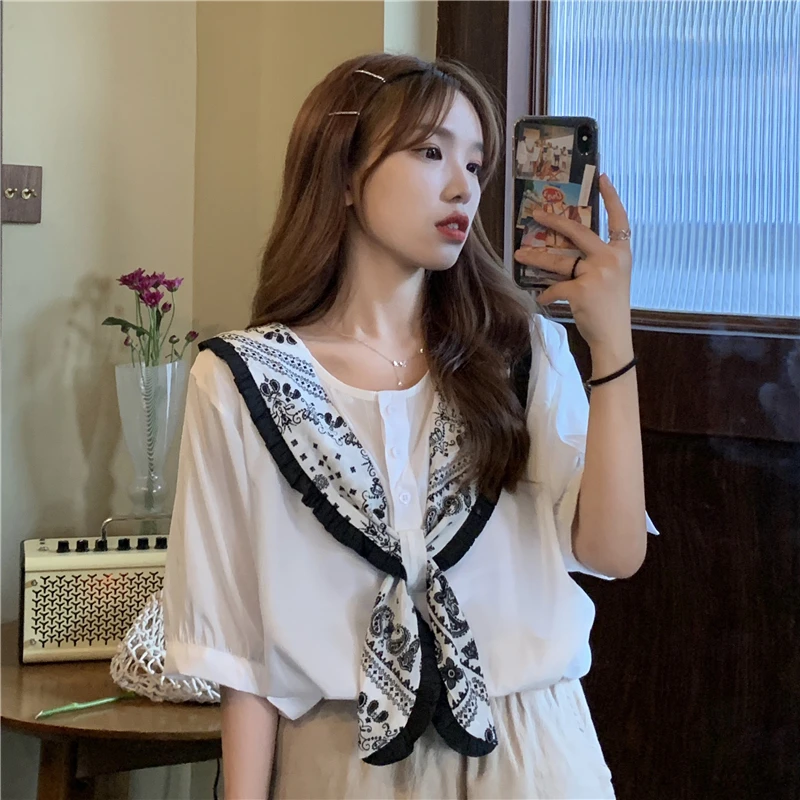 Women's Shawl Top Summer 2021 New Women's Korean Style Fashion Lace-up Knotted Collar Loose Short Sleeve Chiffon Shirt
Women's Shawl Top Summer 2021 New Women's Korean Style Fashion Lace-up Knotted Collar Loose Short Sleeve Chiffon Shirt
