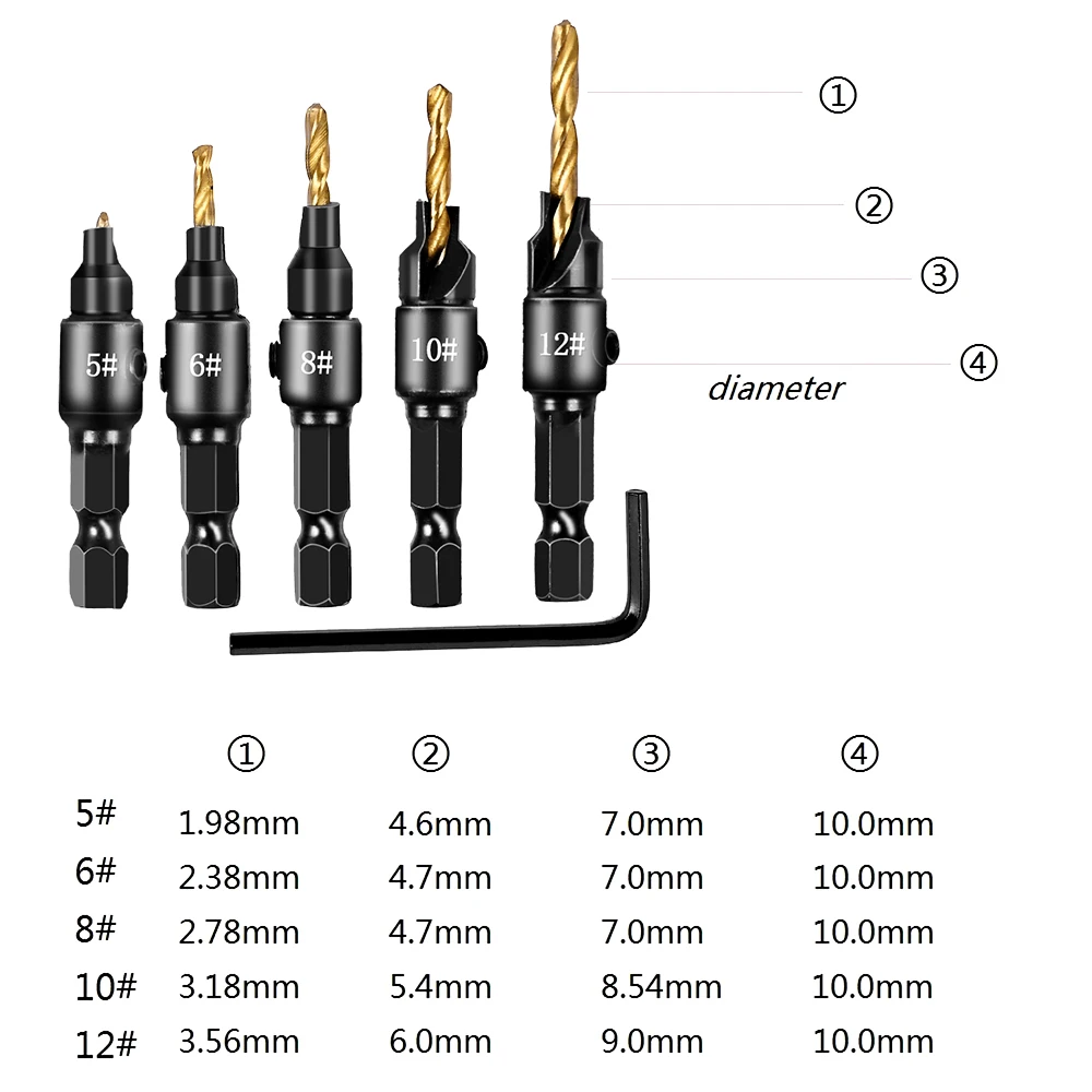 5pcs Countersink Drill Hss Woodworking Drill Bit Set Hex Shank Screw Drilling Pilot Holes For Screw Sizes #5 #6 #8 #10 #12
5pcs Countersink Drill Hss Woodworking Drill Bit Set Hex Shank Screw Drilling Pilot Holes For Screw Sizes #5 #6 #8 #10 #12