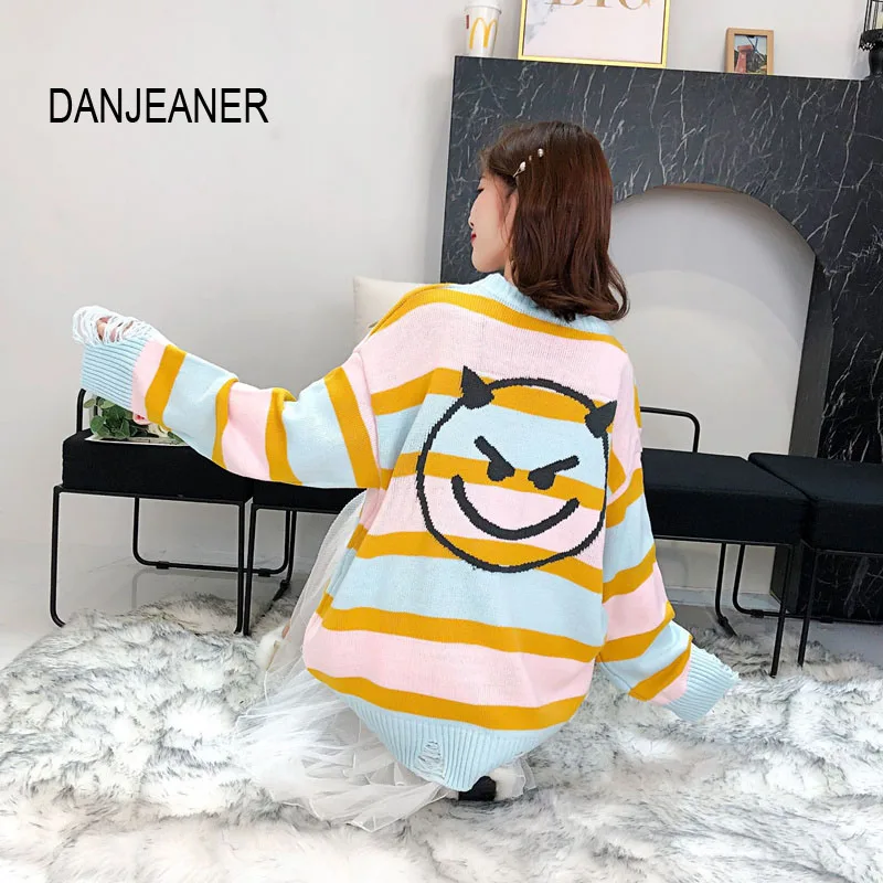 DANJEAN Smile Face вязаный свитер в Корейском стиле полосатый длинный пуловер Повседневная Осенняя зимняя вязаная одежда Pull Femme Sueter Mujer 
DANJEAN Smile Face вязаный свитер в Корейском стиле полосатый длинный пуловер Повседневная Осенняя зимняя вязаная одежда Pull Femme Sueter Mujer