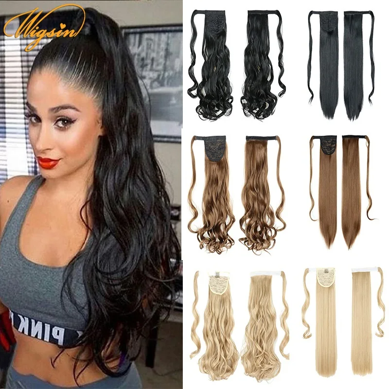 

WIGSIN 22Inch Synthetic Long Straight Curly Wrap Around Clip In Ponytail Hair Extension Natural Black Blond Hairpiece for Women