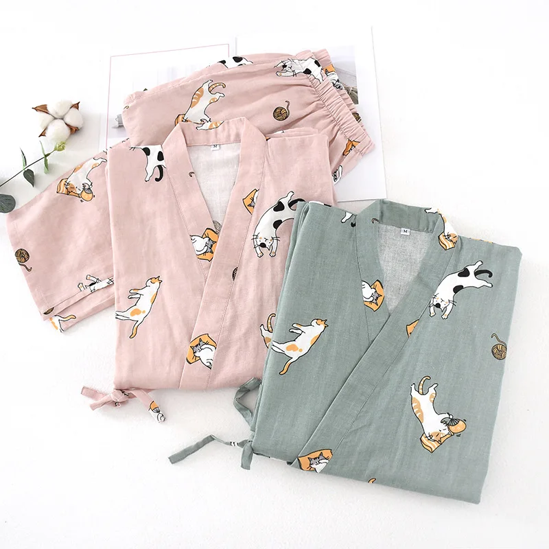 

Japanese Cotton Pajamas for Men and Women Kimono Pajamas Spring and Autumn Cat Print Cotton Gauze Sweat Steamed KimonoHome Suit
