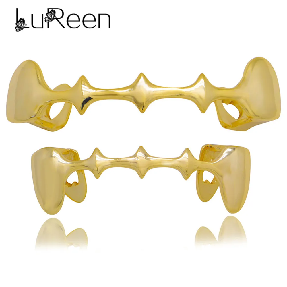 

Lureen Hip Hop Unique Gold Teeth Grillz Top Bottom Vampire Fangs Dental Grills Set Silver Color Tooth Caps Cosply Body Jewelry