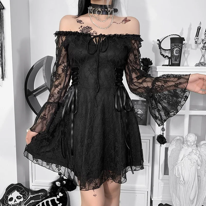 Fashion Gothic Patchwork Lace Slash Neck Off Shoulder Long Flare Sleeve SML A-line Black Dress Women Y2k Vintage Mini Dress
Fashion Gothic Patchwork Lace Slash Neck Off Shoulder Long Flare Sleeve SML A-line Black Dress Women Y2k Vintage Mini Dress