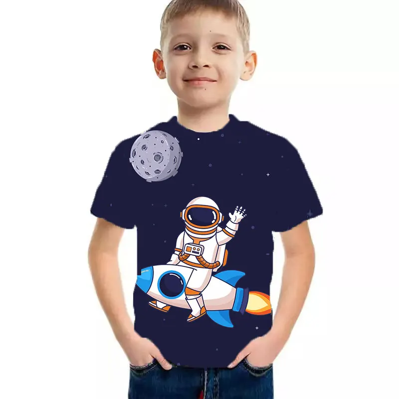 

POP Children's Spaceship Round Neck T-shirt 3D Printing Shirt Boys and Girls Cartoon Space Astronaut Fashion Short Sleeve Tshirt