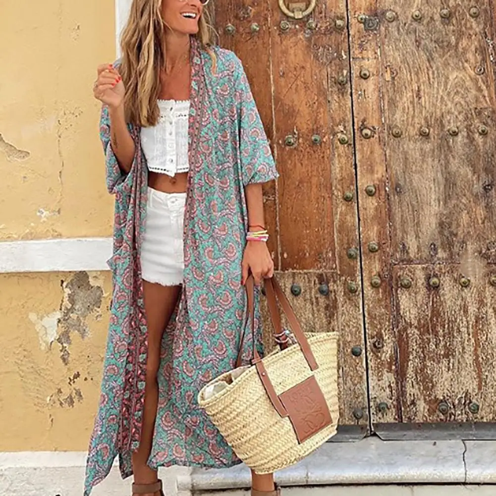 Для женщин Boho осень 3/4 рукав Цветочный принт длинный кардиган кимоно Cover Up пальто |