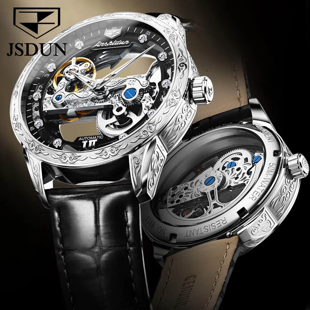 JSDUN Mens Mechanical Watch Automatic Movement 50M Waterproof Leather Strap Sapphire Mirror Skeleton Design Watch For Men 8917
JSDUN Mens Mechanical Watch Automatic Movement 50M Waterproof Leather Strap Sapphire Mirror Skeleton Design Watch For Men 8917