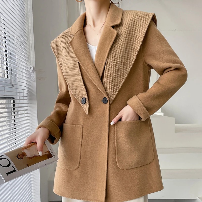 2021 New Notched Collar Knitting Patchwork Cashmere Coat Long Sleeve Big Pockets Women Wild Solid Double-Sided Woolen Coat
2021 New Notched Collar Knitting Patchwork Cashmere Coat Long Sleeve Big Pockets Women Wild Solid Double-Sided Woolen Coat