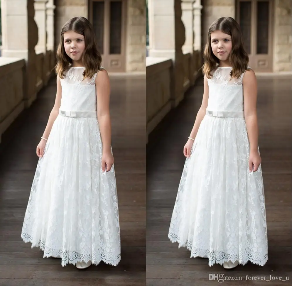 

Flower Girls Dresses for Weddings Princess Kids Formal Party Gowns Sheer Jewel Neck See Through Back Lace Appliques Beaded Cryst