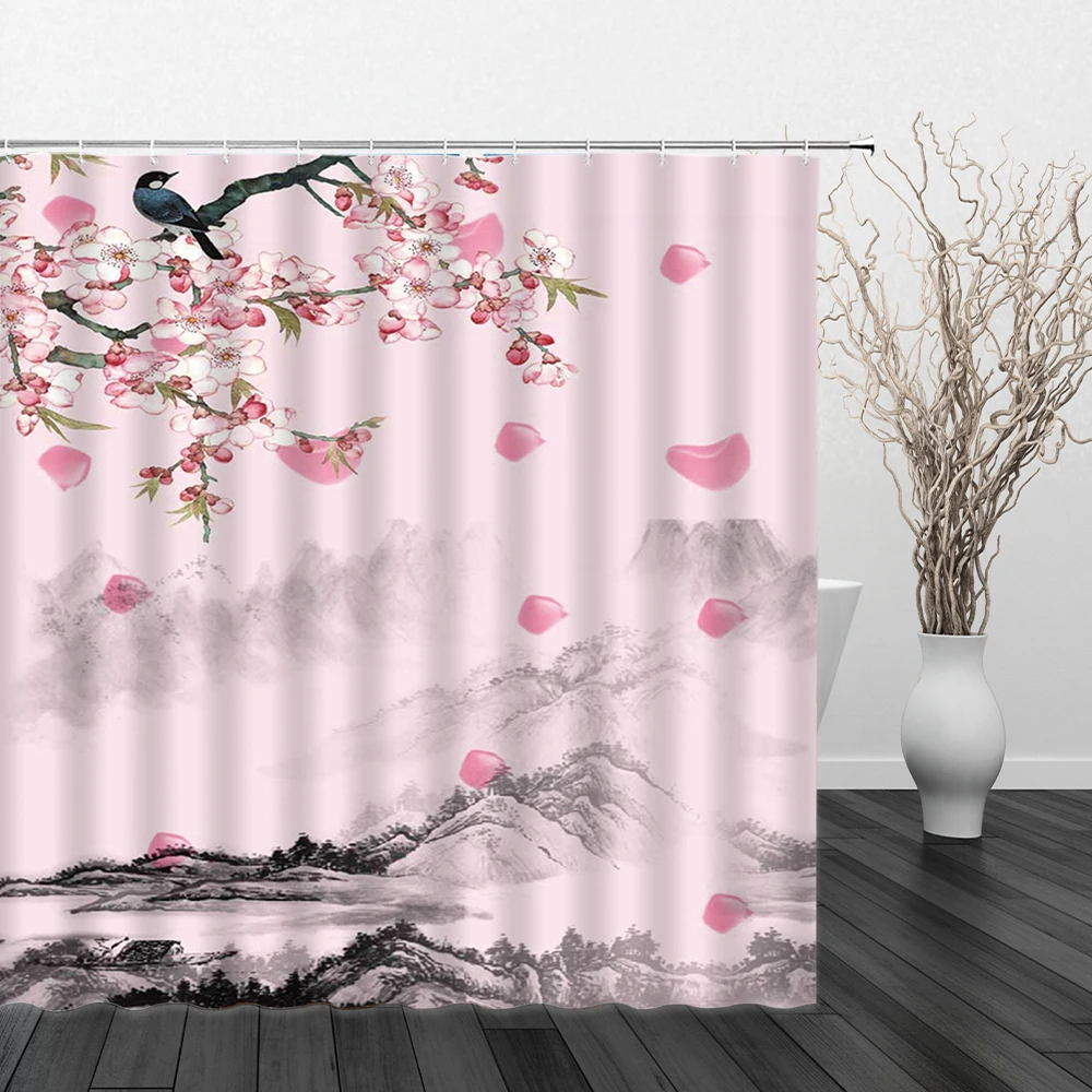 

Занавеска для душа в китайском стиле, водонепроницаемый комплект из полиэстера с 3D принтом пейзажа, цветов, птиц, для ванной комнаты